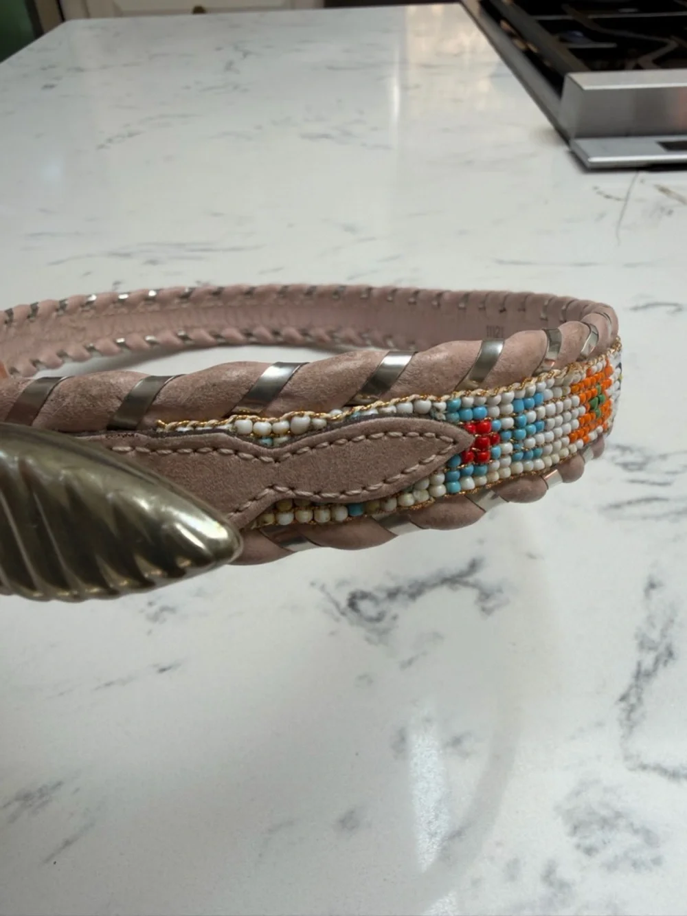 Circle Y Silver Women's Pink Beaded Leather Belt with Silver-Tone Buckle